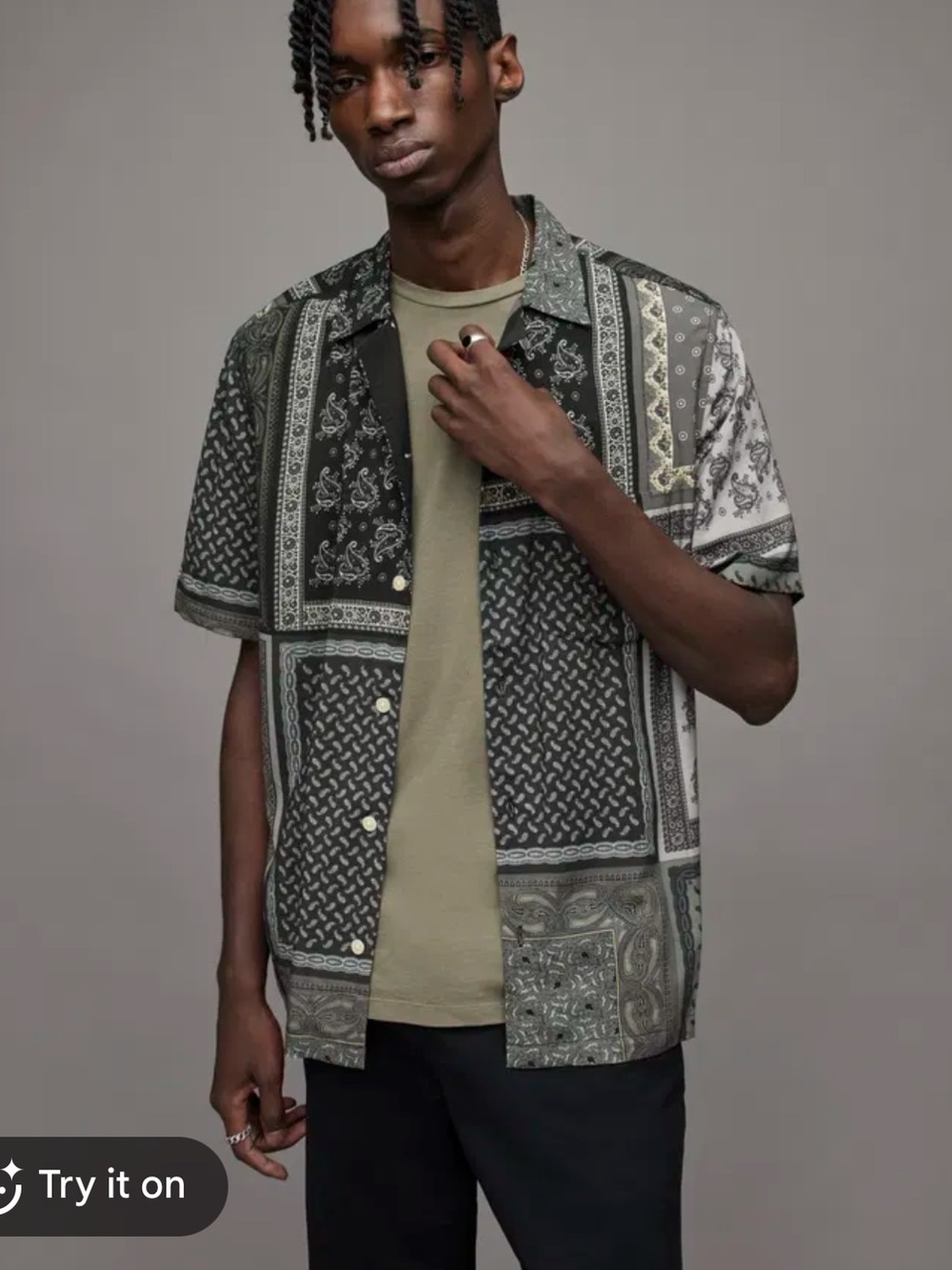 All Saints Olive and Black Patchwork Bandana Button-Down Shirt medium